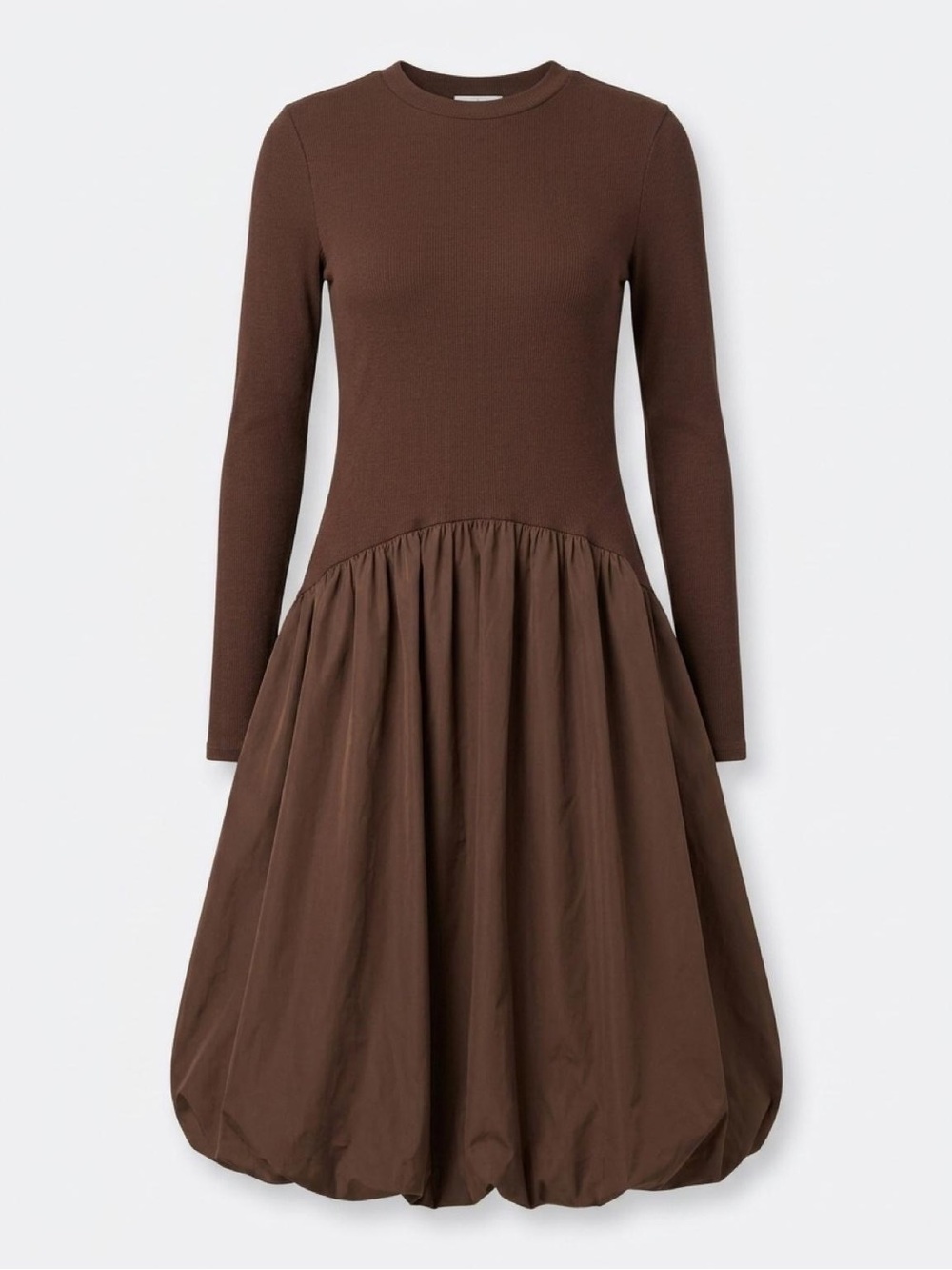 Long-Sleeve Brown Bubble-Hem Midi Dress